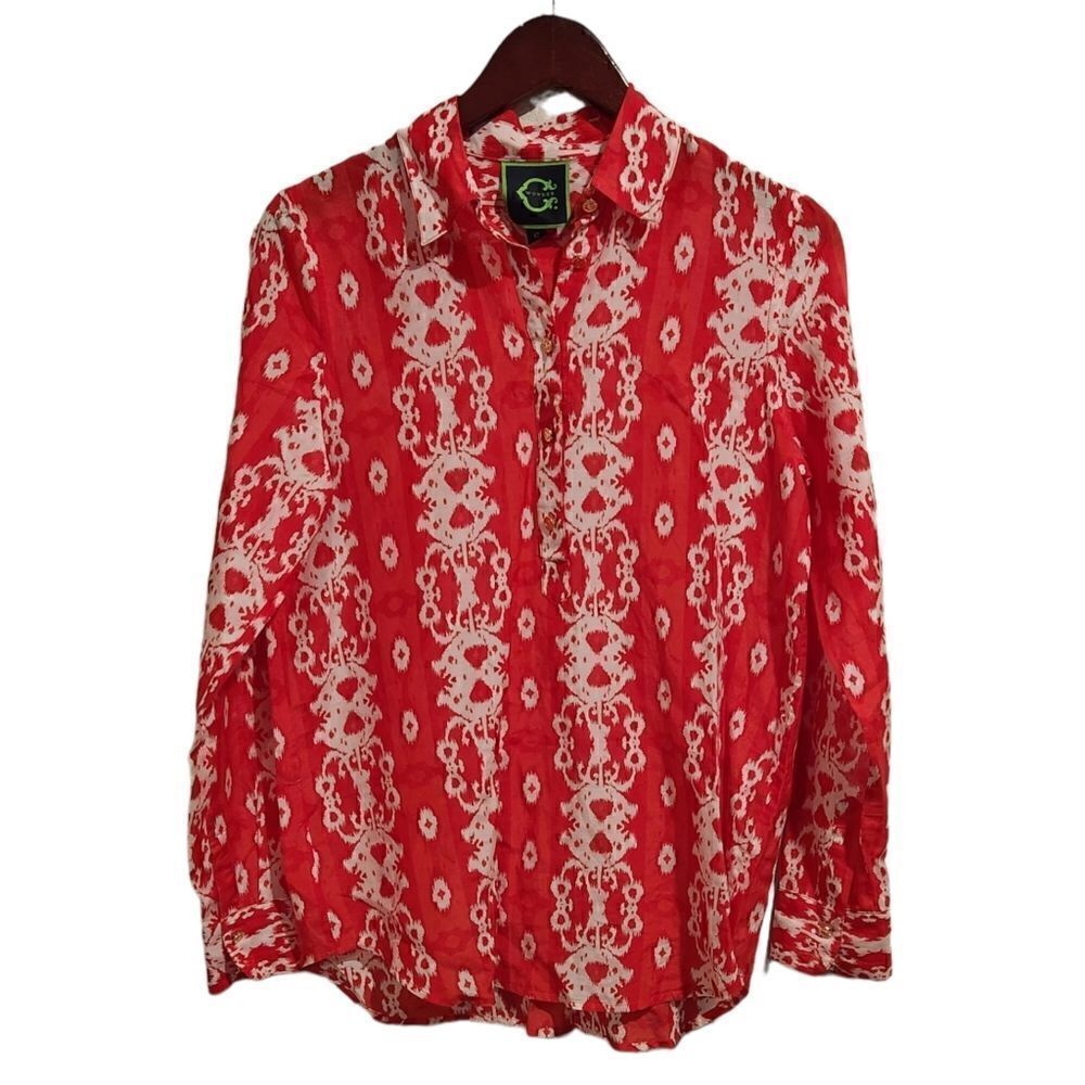 C. Wonder Ikat Print Buttondown Blouse Red White Size Small Women's - Picture 2 of 7